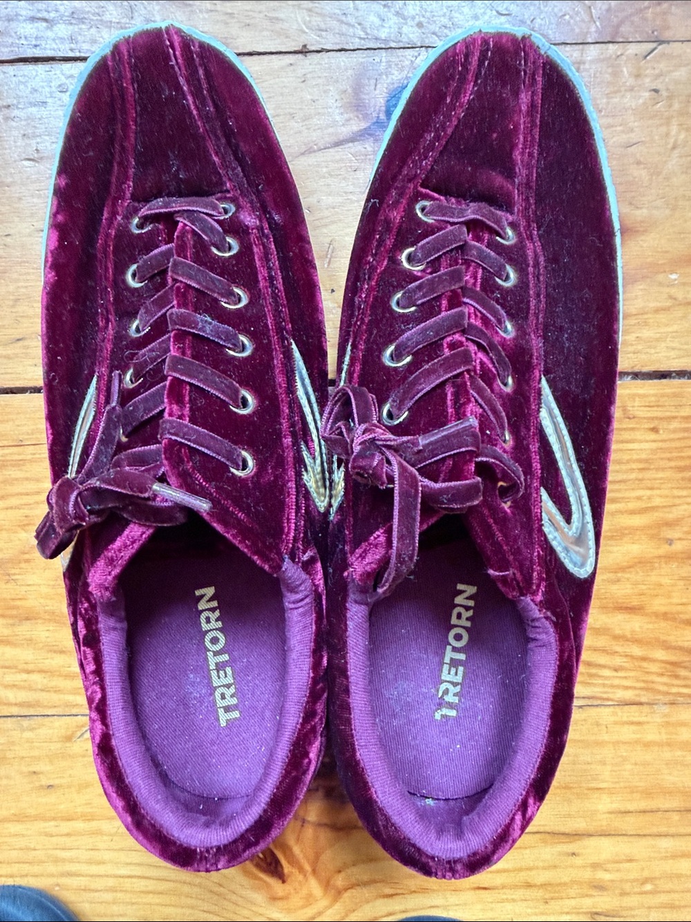 Tretorn Velvet Lace-Up Sneakers in Burgundy with Gold Accents
